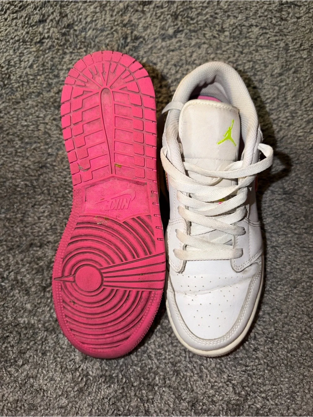 Nike Kids White Sneakers with Pink Outsole & Yellow Swoosh